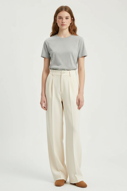 Pantalon Beige Plissé Large Droit Fluide Femme - Gabardine