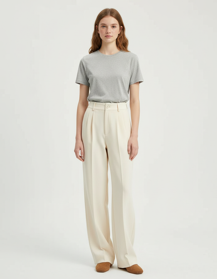 Pantalon Beige Plissé Large Droit Fluide Femme - Gabardine