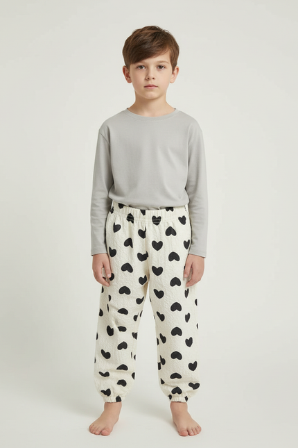 Pantalon Beige Coton Ample Cœurs Noirs Enfant - Molleton
