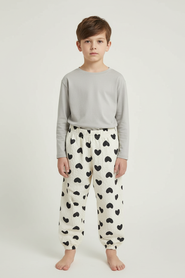 Pantalon Beige Coton Ample Cœurs Noirs Enfant - Molleton