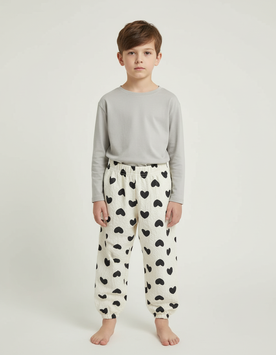 Pantalon Beige Coton Ample Cœurs Noirs Enfant - Molleton
