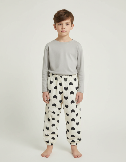 Pantalon Beige Coton Ample Cœurs Noirs Enfant - Molleton