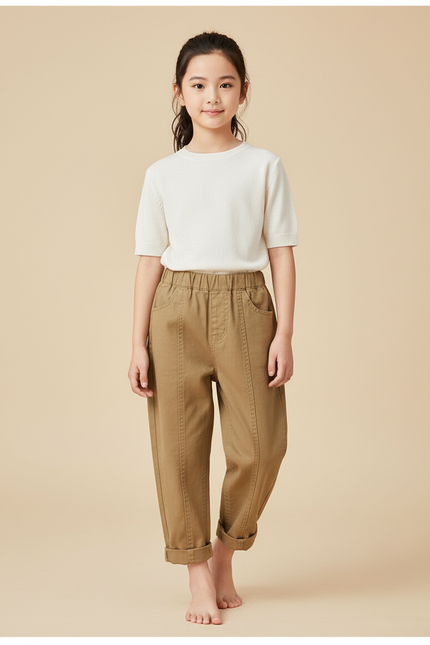 Pantalon Beige Cargo Ample Enfant Coton - Kaki