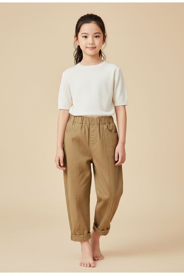 Pantalon Beige Cargo Ample Enfant Coton - Kaki