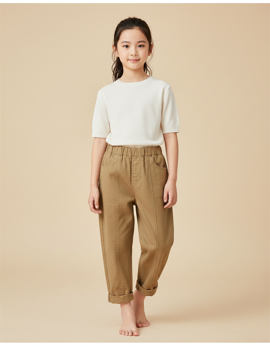 Pantalon Beige Cargo Ample Enfant Coton - Kaki