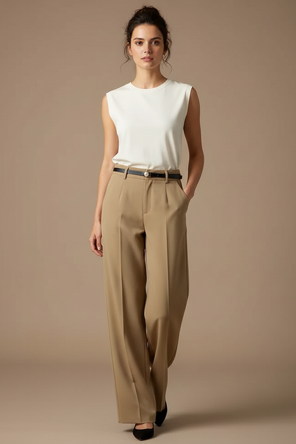 Pantalon Beige Fluide Ample Taille Haute Élégant Femme - Polyester