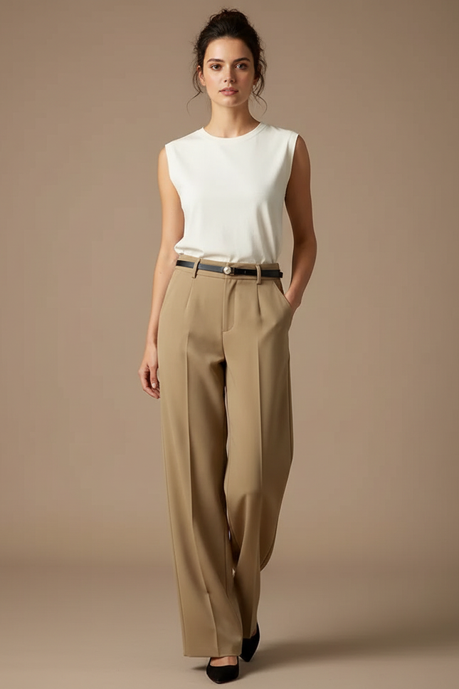 Pantalon Beige Fluide Ample Taille Haute Élégant Femme - Polyester