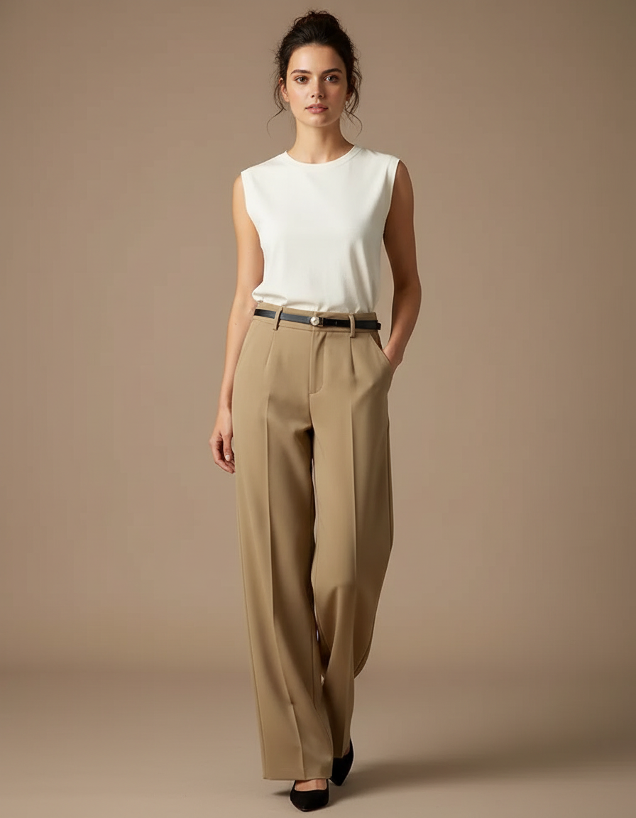 Pantalon Beige Fluide Ample Taille Haute Élégant Femme - Polyester