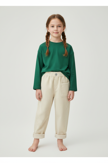 Pantalon Beige Côtelé Ample Élastique Confortable Enfant - Cordé