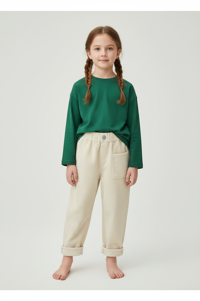 Pantalon Beige Côtelé Ample Élastique Confortable Enfant - Cordé