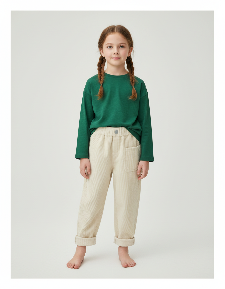 Pantalon Beige Côtelé Ample Élastique Confortable Enfant - Cordé