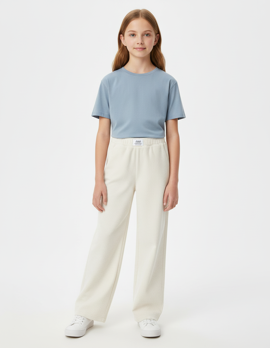 Pantalon Beige Côtelé Ample Confortable Fille - Cordé