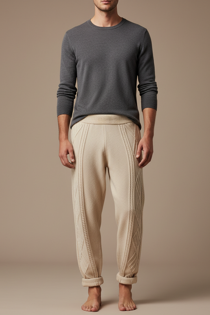 Pantalon Beige Tricoté Câblé Confortable Homme Décontracté - Maille