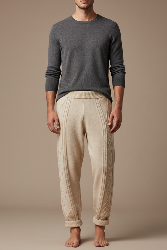 Pantalon Beige Tricoté Câblé Confortable Homme Décontracté - Maille