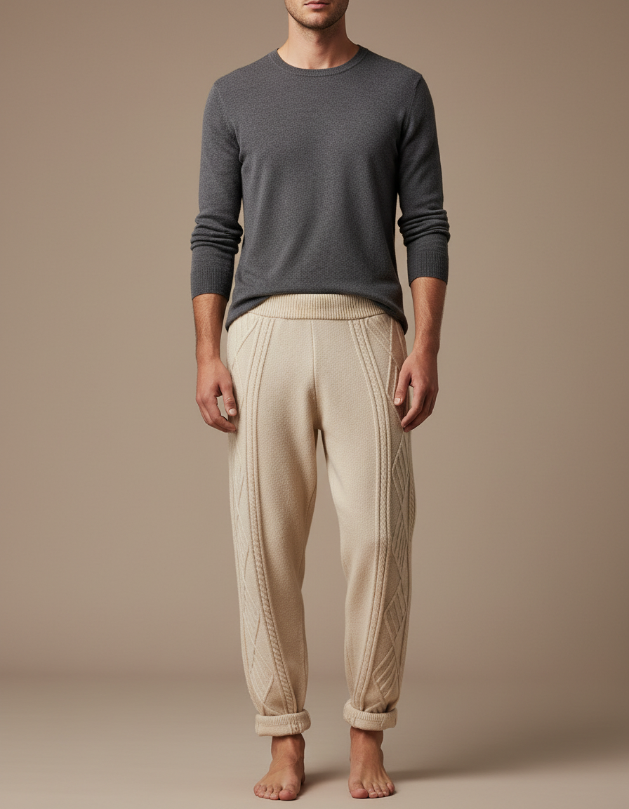 Pantalon Beige Tricoté Câblé Confortable Homme Décontracté - Maille