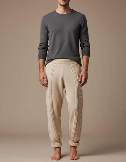 Pantalon Beige Tricoté Câblé Confortable Homme Décontracté - Maille
