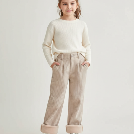 Pantalon Beige Côtelé Doublé Polaire Fille Hiver - Cordé