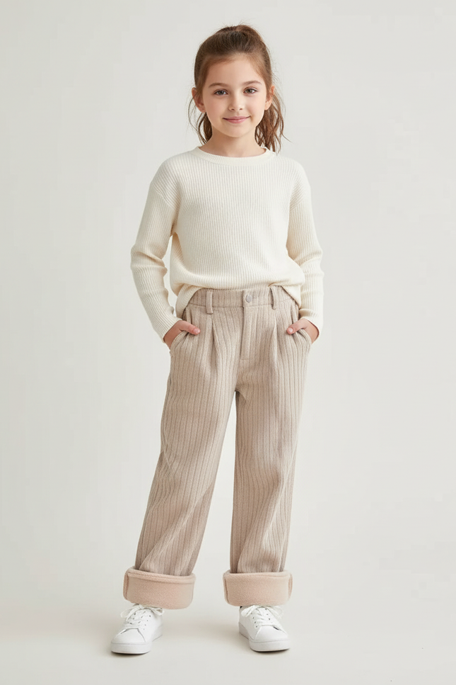 Pantalon Beige Côtelé Doublé Polaire Fille Hiver - Cordé