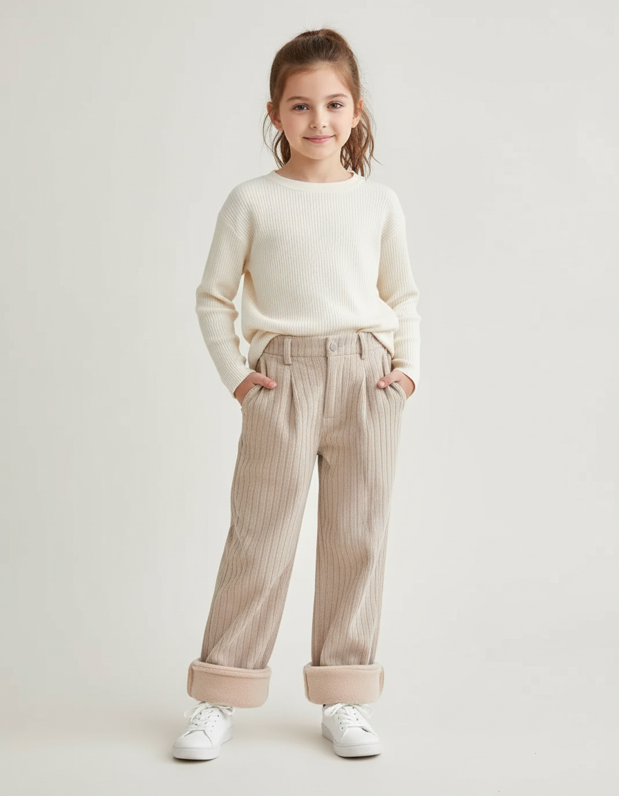 Pantalon Beige Côtelé Doublé Polaire Fille Hiver - Cordé