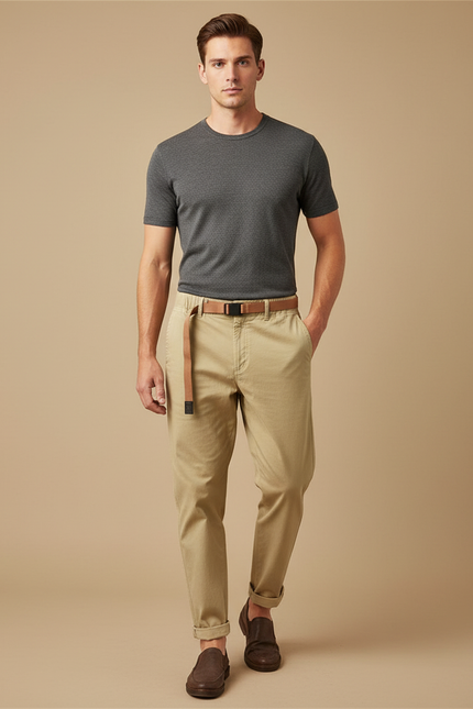 Pantalon Beige Chino Droit Décontracté Homme Coton