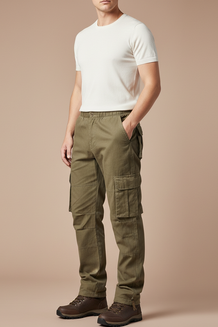 Pantalon Beige Cargo Coton Ample Décontracté Homme - Kaki