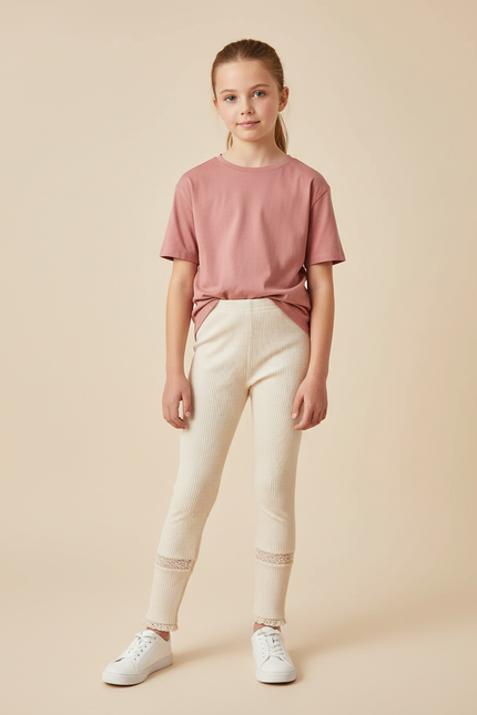 Pantalon Beige Côtelé Maille Dentelle Confortable Fille
