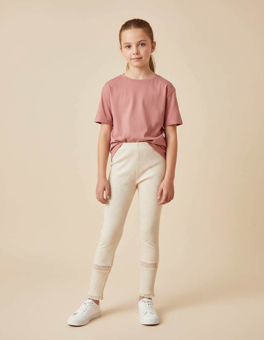Pantalon Beige Côtelé Maille Dentelle Confortable Fille