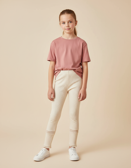 Pantalon Beige Côtelé Maille Dentelle Confortable Fille