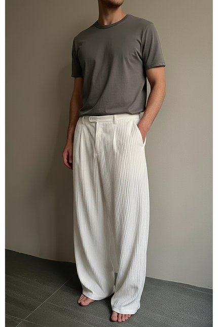 Pantalon Beige Plissé Ample Décontracté Homme - Blanc Polyester