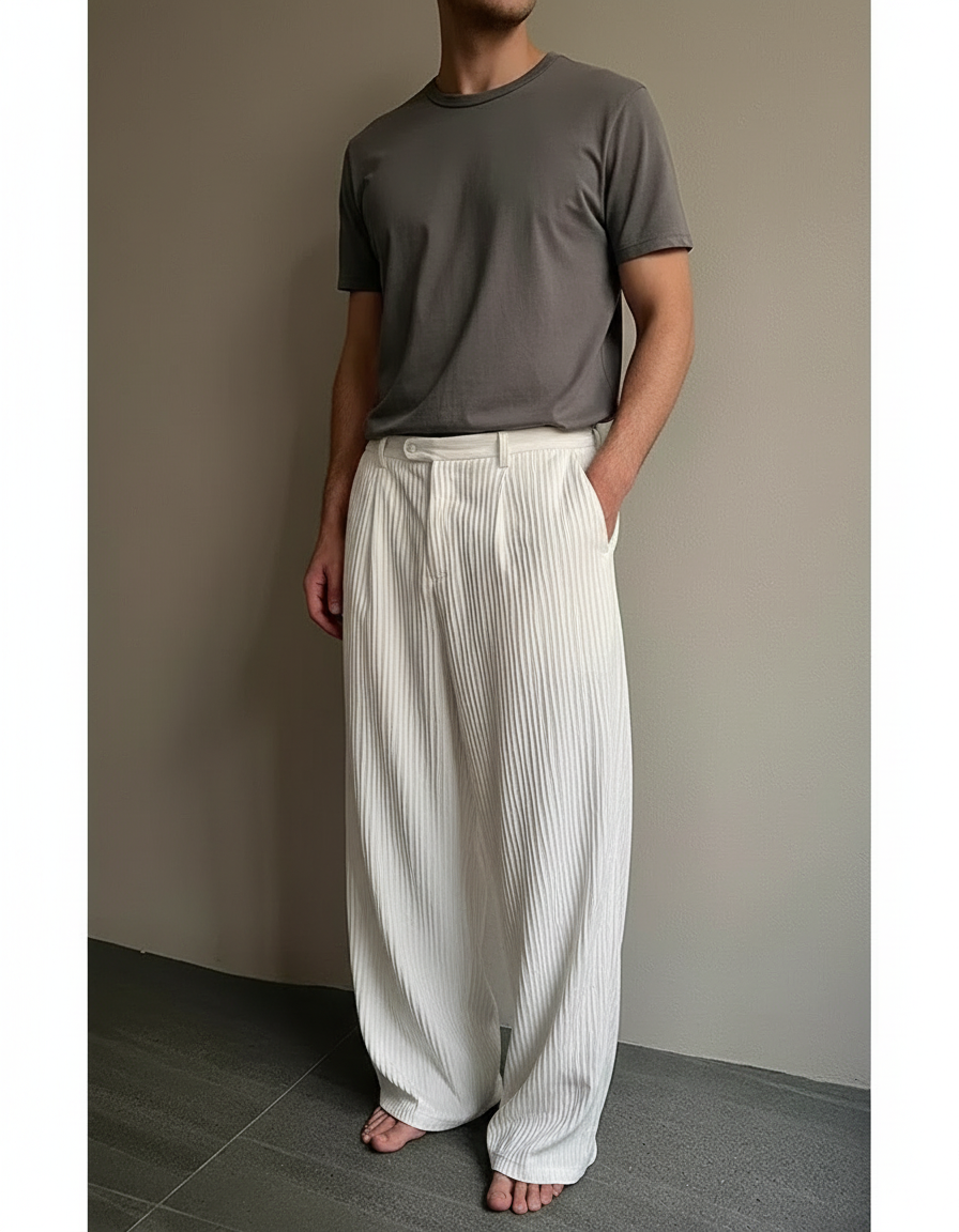 Pantalon Beige Plissé Ample Décontracté Homme - Blanc Polyester