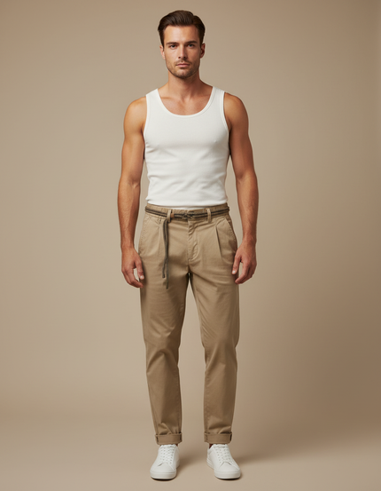 Pantalon Beige Coton Plissé Décontracté Élégant Homme - Gabardine