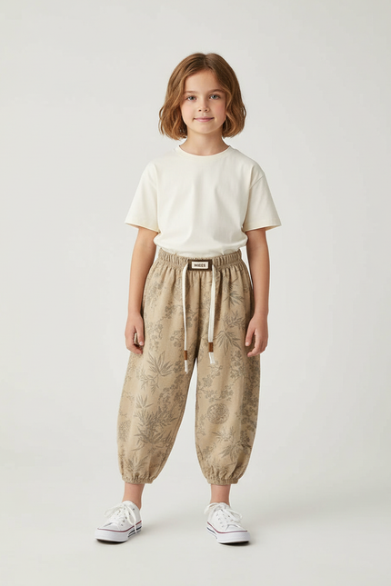 Pantalon Beige Imprimé Floral Ample Enfant Cordon - Coton