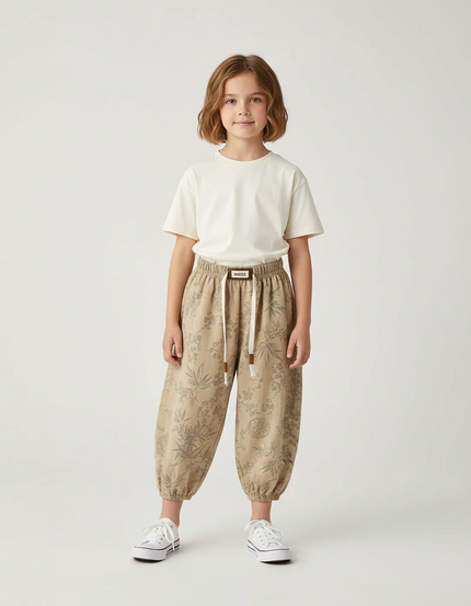 Pantalon Beige Imprimé Floral Ample Enfant Cordon - Coton