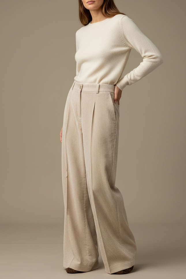 Pantalon Beige Côtelé Ample Taille Haute Rétro - Cordé