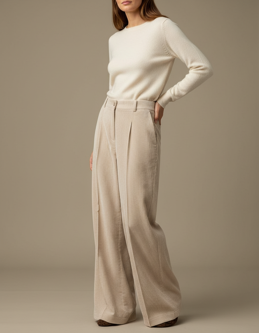 Pantalon Beige Côtelé Ample Taille Haute Rétro - Cordé