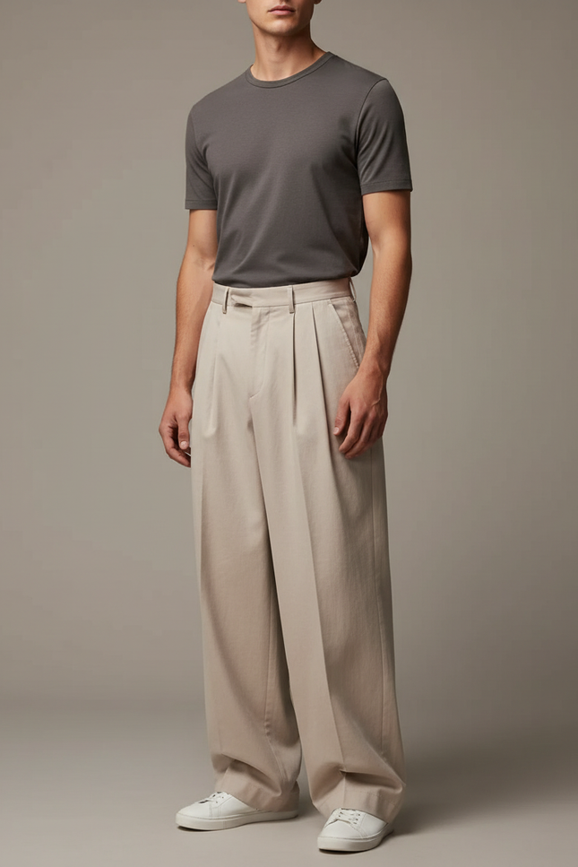 Pantalon Beige Ample Plissé Décontracté Homme Coton