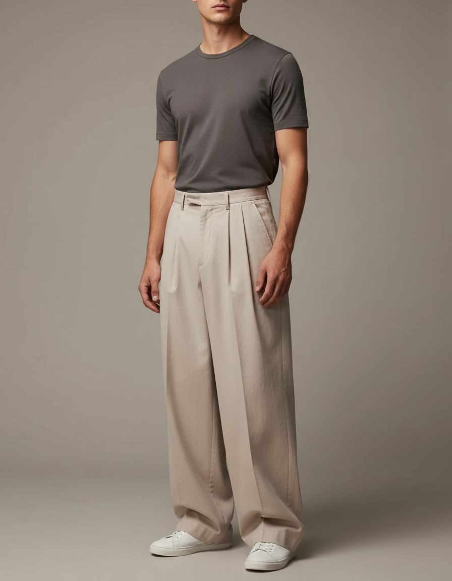 Pantalon Beige Ample Plissé Décontracté Homme Coton