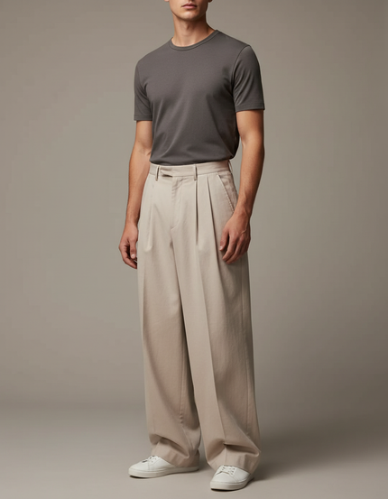 Pantalon Beige Ample Plissé Décontracté Homme Coton