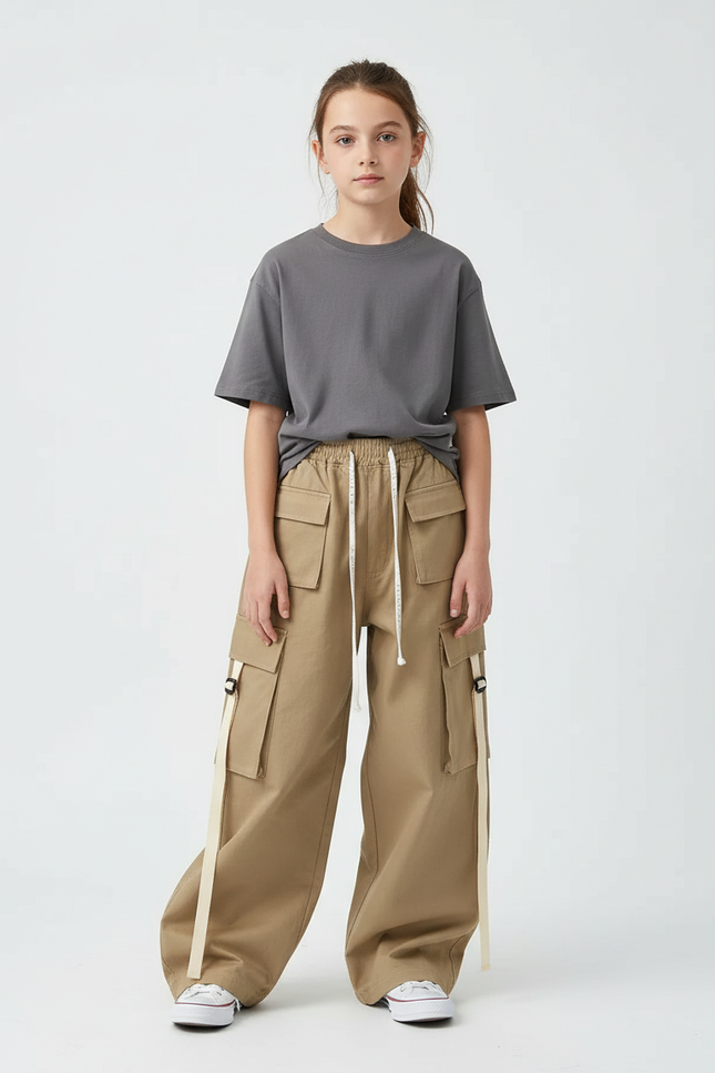 Pantalon Beige Cargo Ample Coton Décontracté Ruban