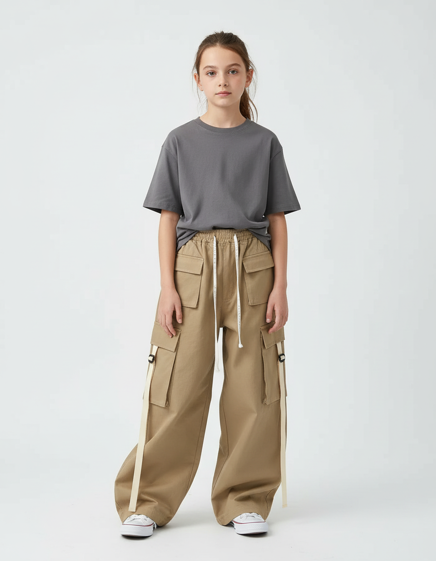 Pantalon Beige Cargo Ample Coton Décontracté Ruban