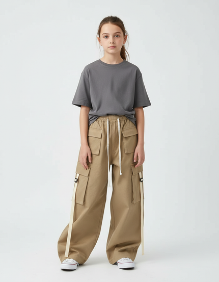 Pantalon Beige Cargo Ample Coton Décontracté Ruban