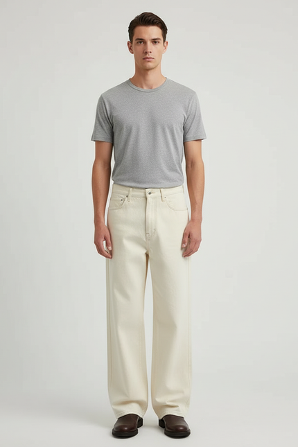 Pantalon Beige Denim Ample Streetwear Homme - Jean