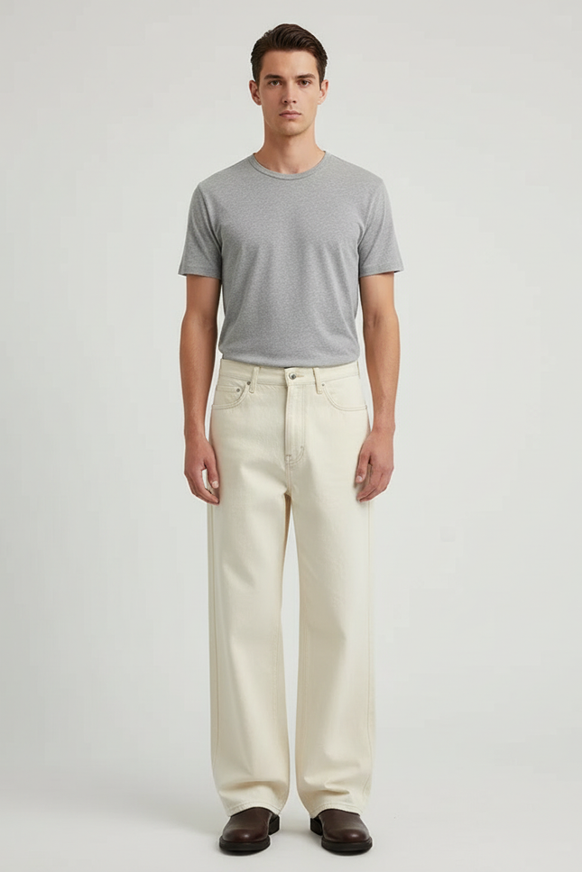 Pantalon Beige Denim Ample Streetwear Homme - Jean