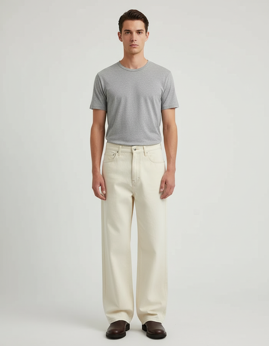 Pantalon Beige Denim Ample Streetwear Homme - Jean