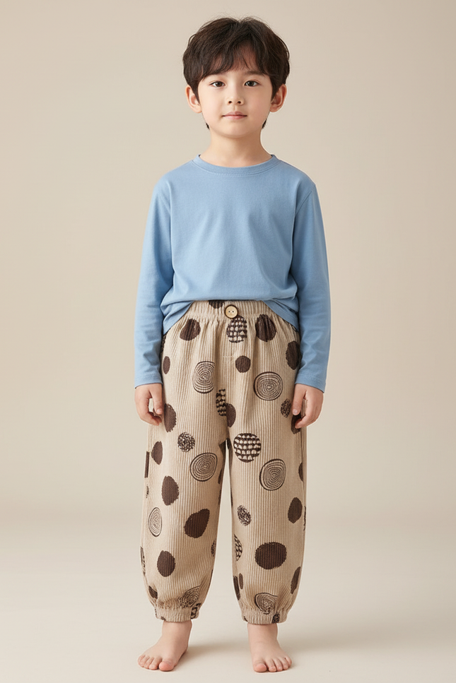 Pantalon Beige Côtelé Ample Décontracté Motifs Cercles - Cordé