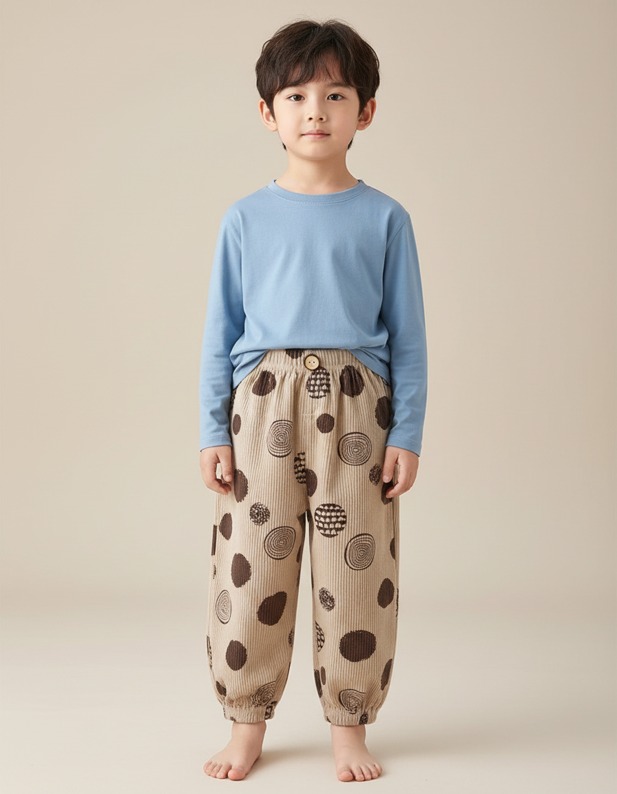 Pantalon Beige Côtelé Ample Décontracté Motifs Cercles - Cordé