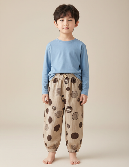 Pantalon Beige Côtelé Ample Décontracté Motifs Cercles - Cordé