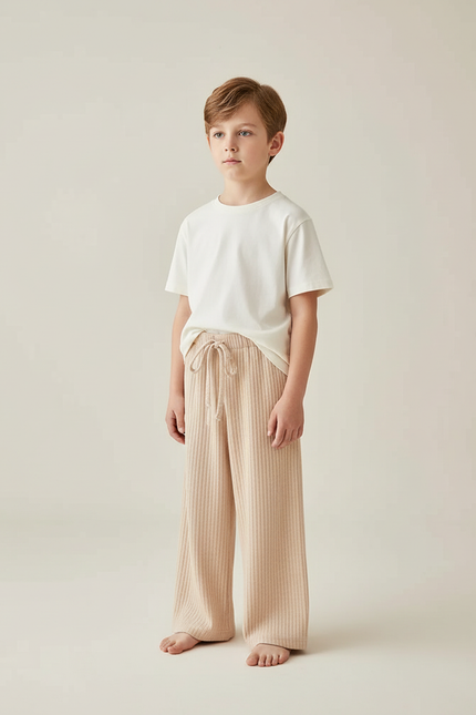 Pantalon Beige Côtelé Droit Ample Enfant Élastique - Maille