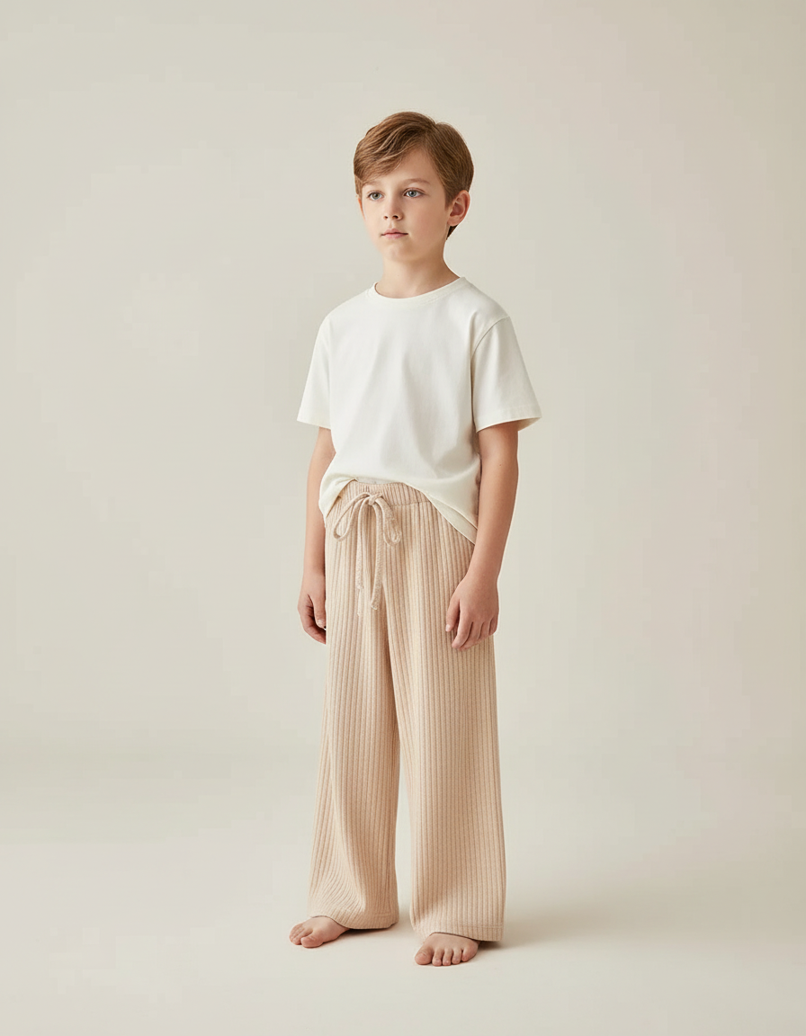 Pantalon Beige Côtelé Droit Ample Enfant Élastique - Maille