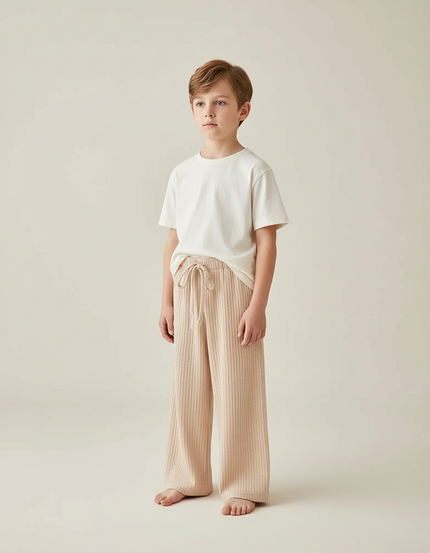 Pantalon Beige Côtelé Droit Ample Enfant Élastique - Maille